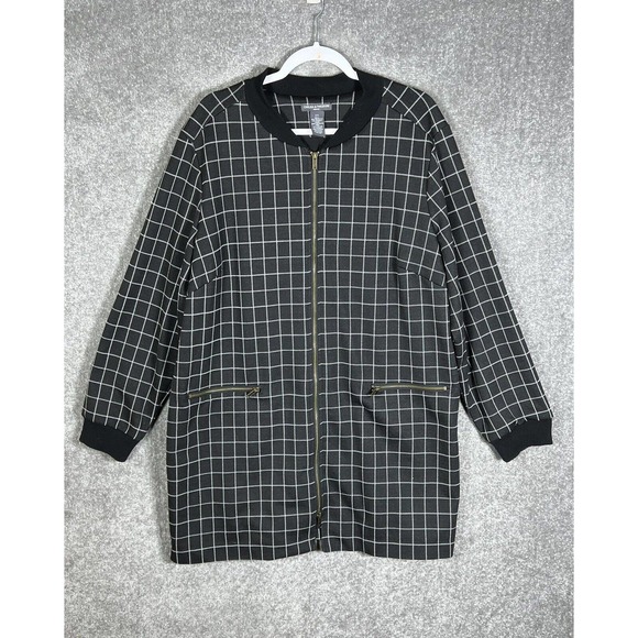 Chelsea & Theodore Woman Windowpane Full Zip Long Jacket Size 2X Black Pockets - Picture 1 of 10
